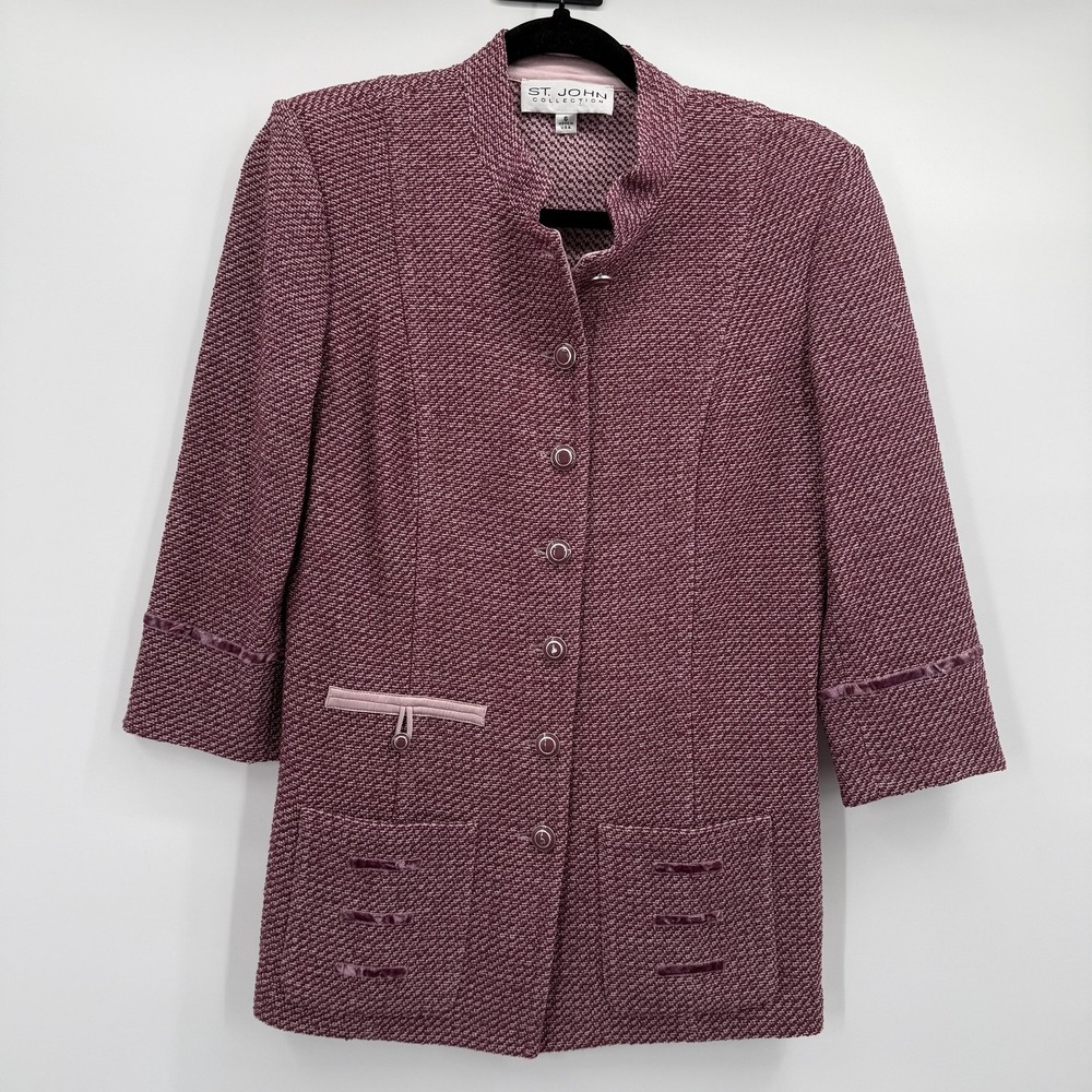 St John Collection Suit Jacket Womens 6 Pink Knit‎ 3/4 Sleeve Button Front USA